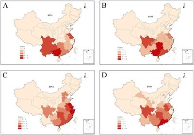 Risk distribution of human infections with avian influenza A (H5N1, H5N6, H9N2 and H7N9) viruses in China